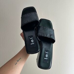 LEI Vintage 90s Chunky Square Toe Slide Sandals Faux Leather Snakeprint Platform